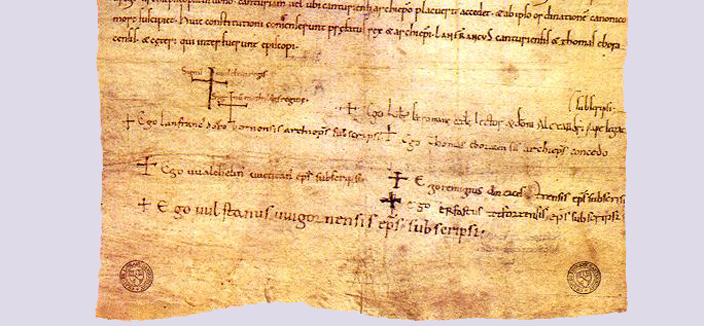 An image of the Accord of Winchester, dating from 1072, which made the Archbishop of Canterbury the most important religious figure in England. Beside each of the crosses is a signature. The top two are those of William the Conqueror and his wife Matilda. The third signature is that of Lanfranc.